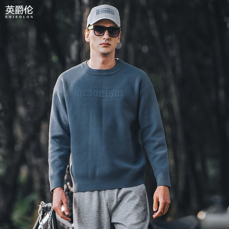 柔感亲肤针织衫男秋冬季圆领字母提花套头毛衣宽松长袖打底MY3815