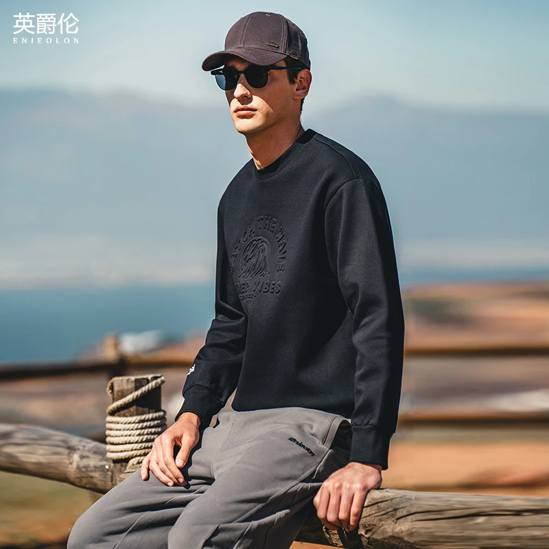 360G重磅珠地空气层 圆领卫衣男 潮牌3D压花休闲套头上衣WY5583