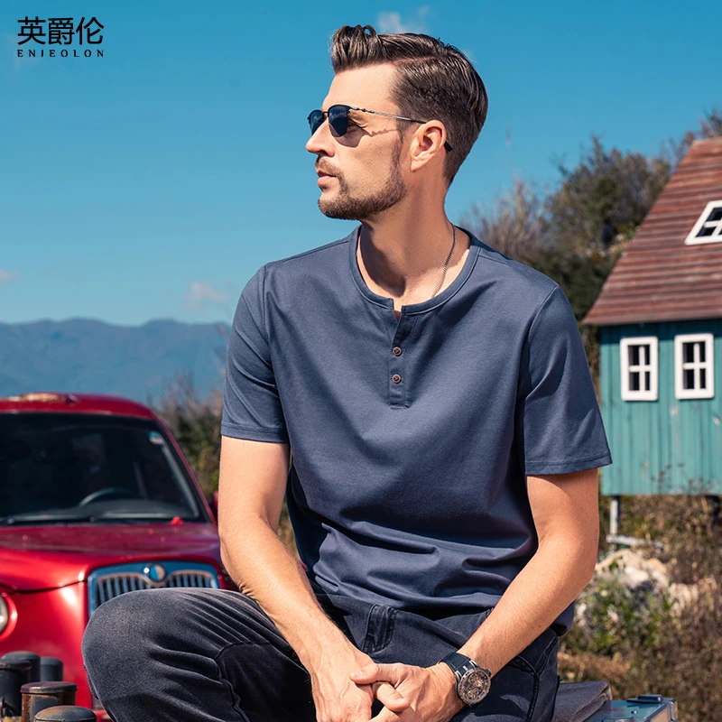 小V领纽扣装饰美式短袖T恤男2025夏季新款纯色打底体恤衫T3120