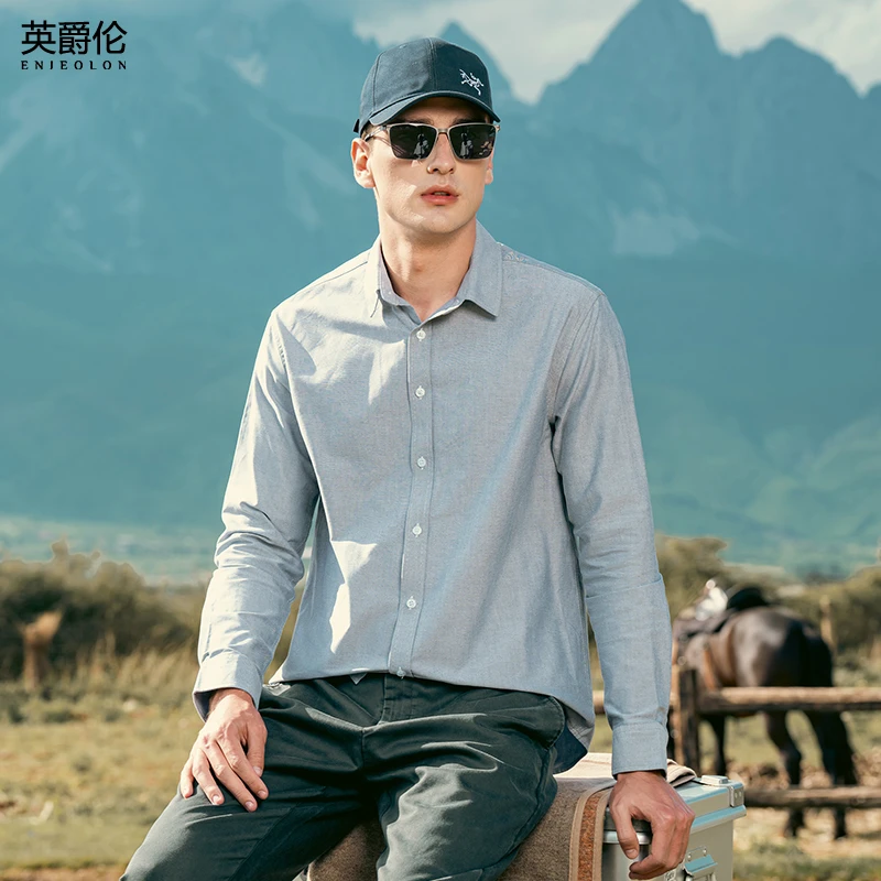 英爵伦2024新品纯棉牛津纺长袖衬衫男士商务休闲纯色衬衣秋季上衣