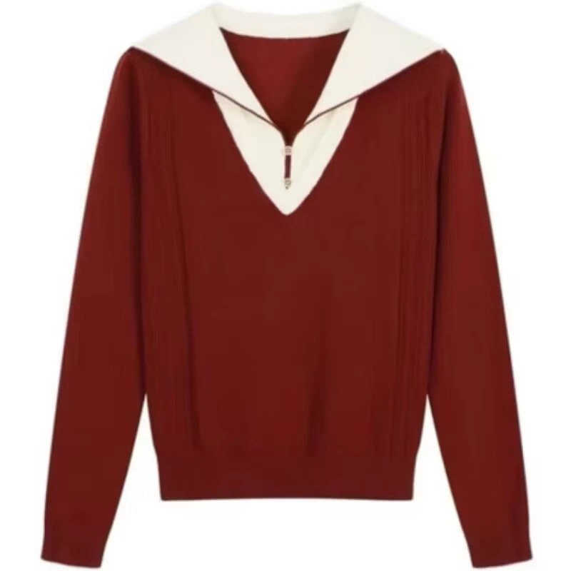 早秋新款纯色翻领针织套头衫长袖休闲百搭上衣针织衫