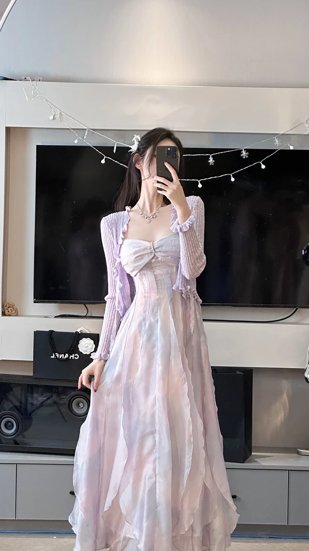 【雅乔定制】紫藤 晕染印花吊带连衣裙DYJF-23033224