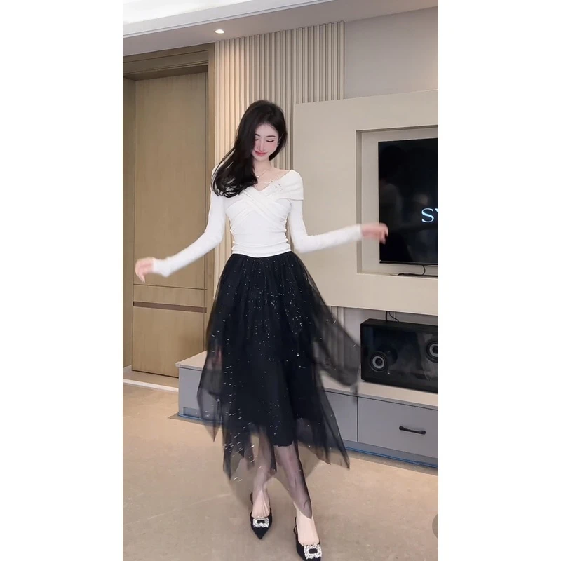 【雅乔定制】满天星不规则亮片纱裙黑色半身裙中长款DYTY-23087448