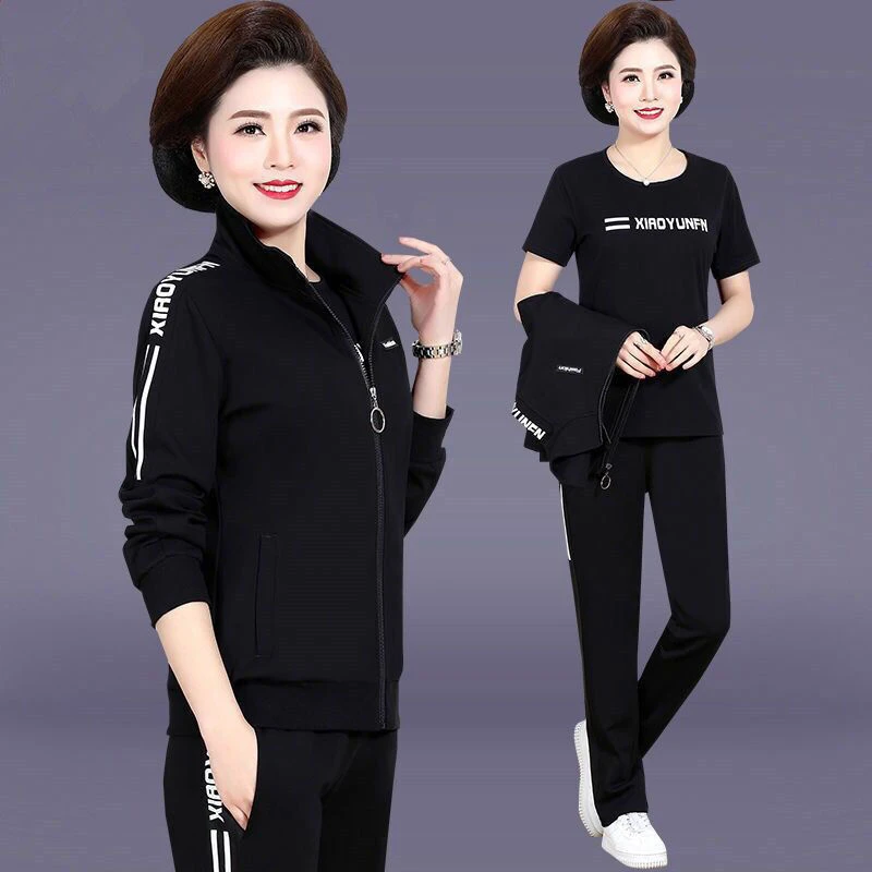 春秋中老年运动套装女妈妈装秋季中年运动服广场舞休闲大码三件套