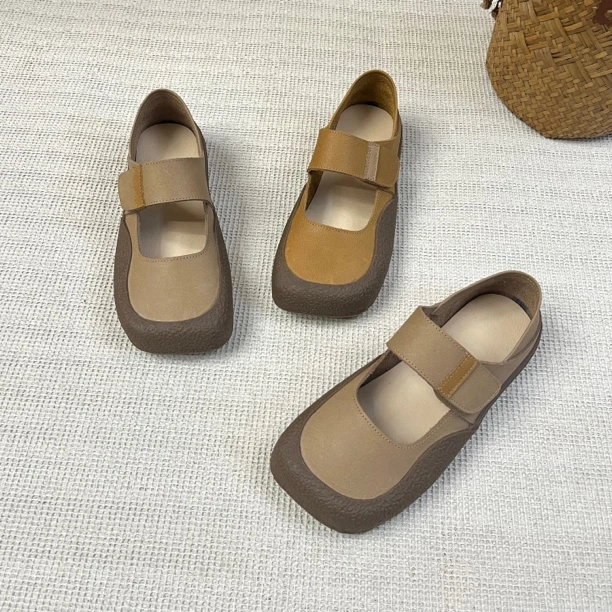 LF0567麦子家新款休闲百搭软底方头春季浅口真牛皮丑萌玛丽珍女鞋