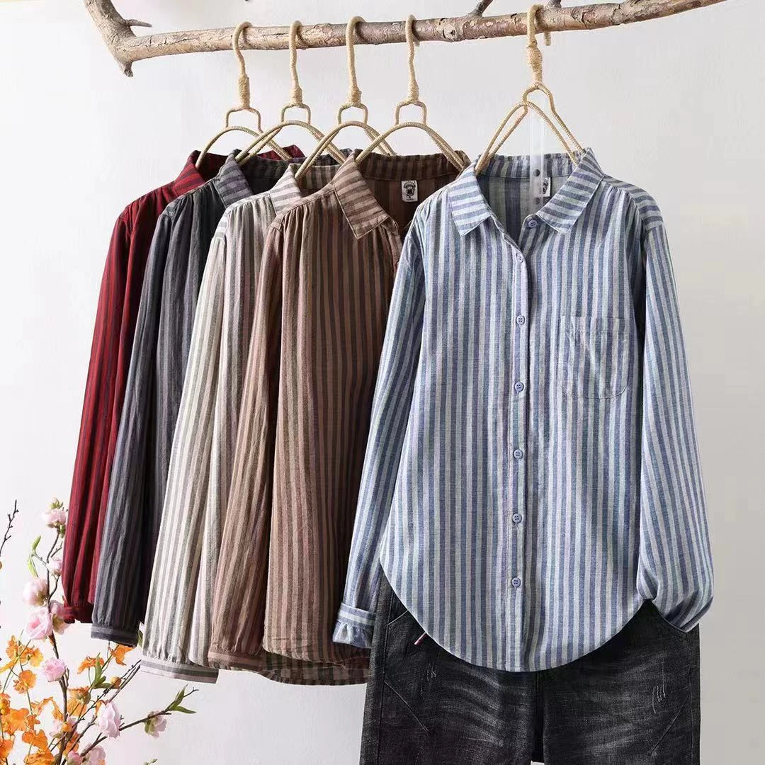 2025春季新款宽条纹复古纯棉双层棉纱显瘦百搭文艺休闲衬衫8514