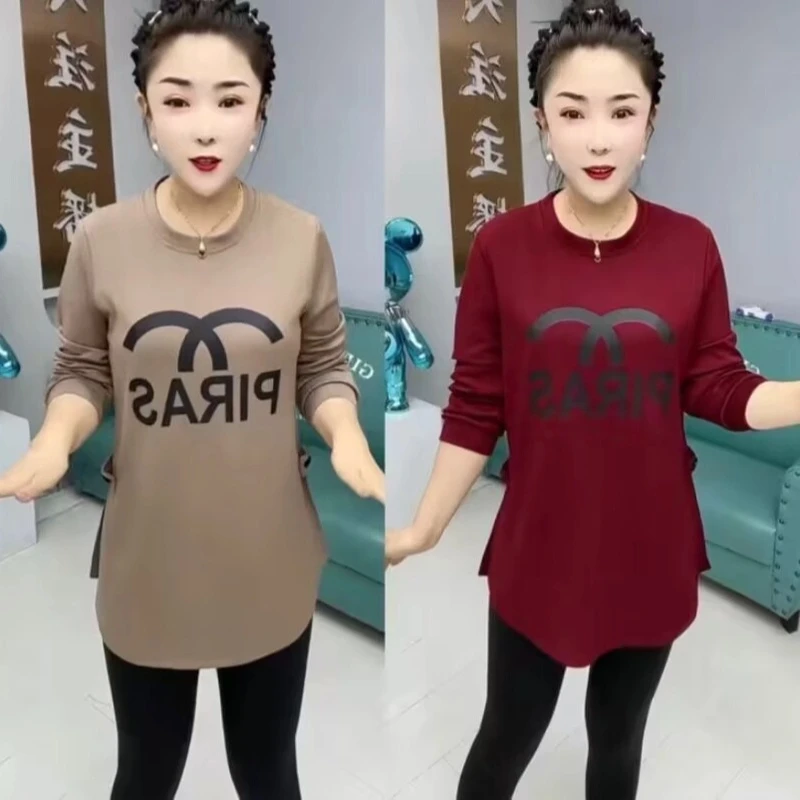 冬新款加绒加厚洋气时尚百搭卫衣宽松显瘦长袖保暖上衣开叉中长款