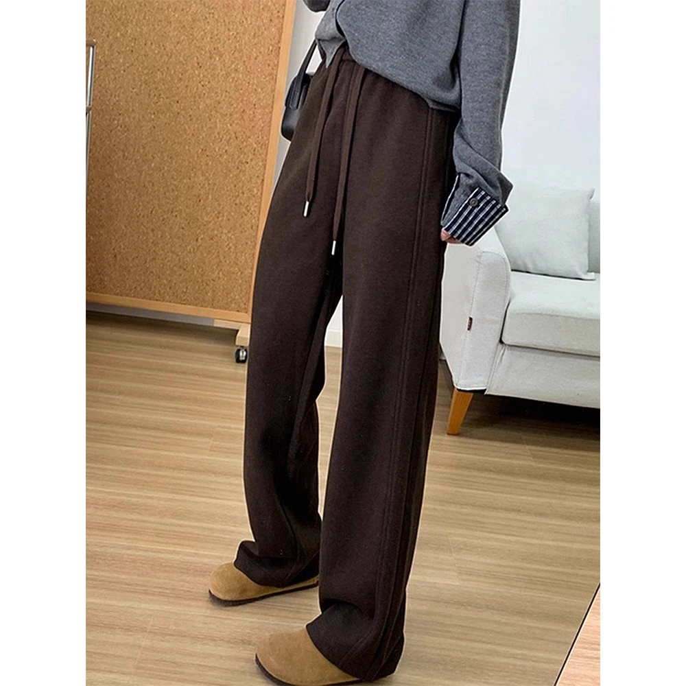 咖色休闲裤女2024秋冬新款高腰显瘦窄版宽松阔腿拖地垂感直筒裤子