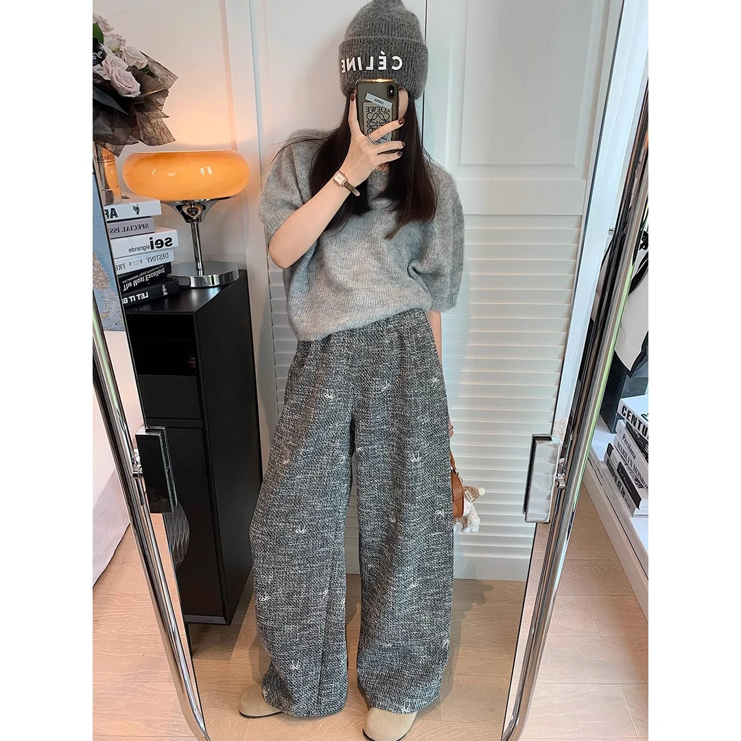 设计感小众粗花呢阔腿裤女秋冬新款高腰显瘦小香风慵懒休闲拖地裤