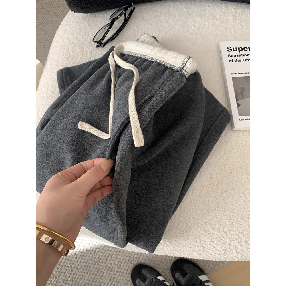 深灰色香蕉裤女2024春秋新款松紧高腰设计抽绳撞色镰刀阔腿休闲裤