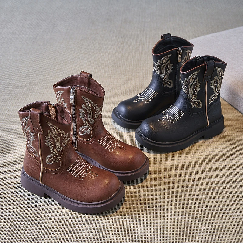 【秋冬上新】儿童马丁靴软底中筒切尔西靴女童国风复古刺绣牛仔