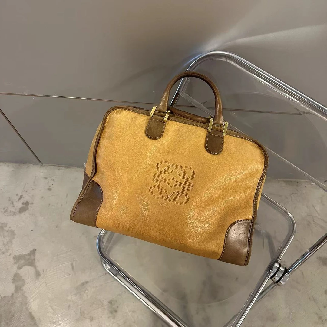 95新 LOEWE/罗意威 40落日金棕amz牛皮拼皮手提旅行商务包 男包