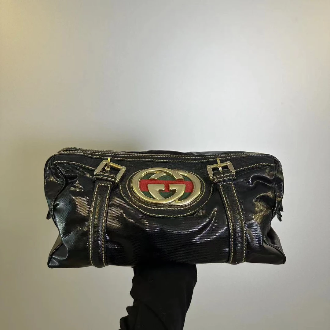 95新 GUCCI/古驰 绿红条纹拼接 单肩手提斜挎 波士顿 桶包胸包