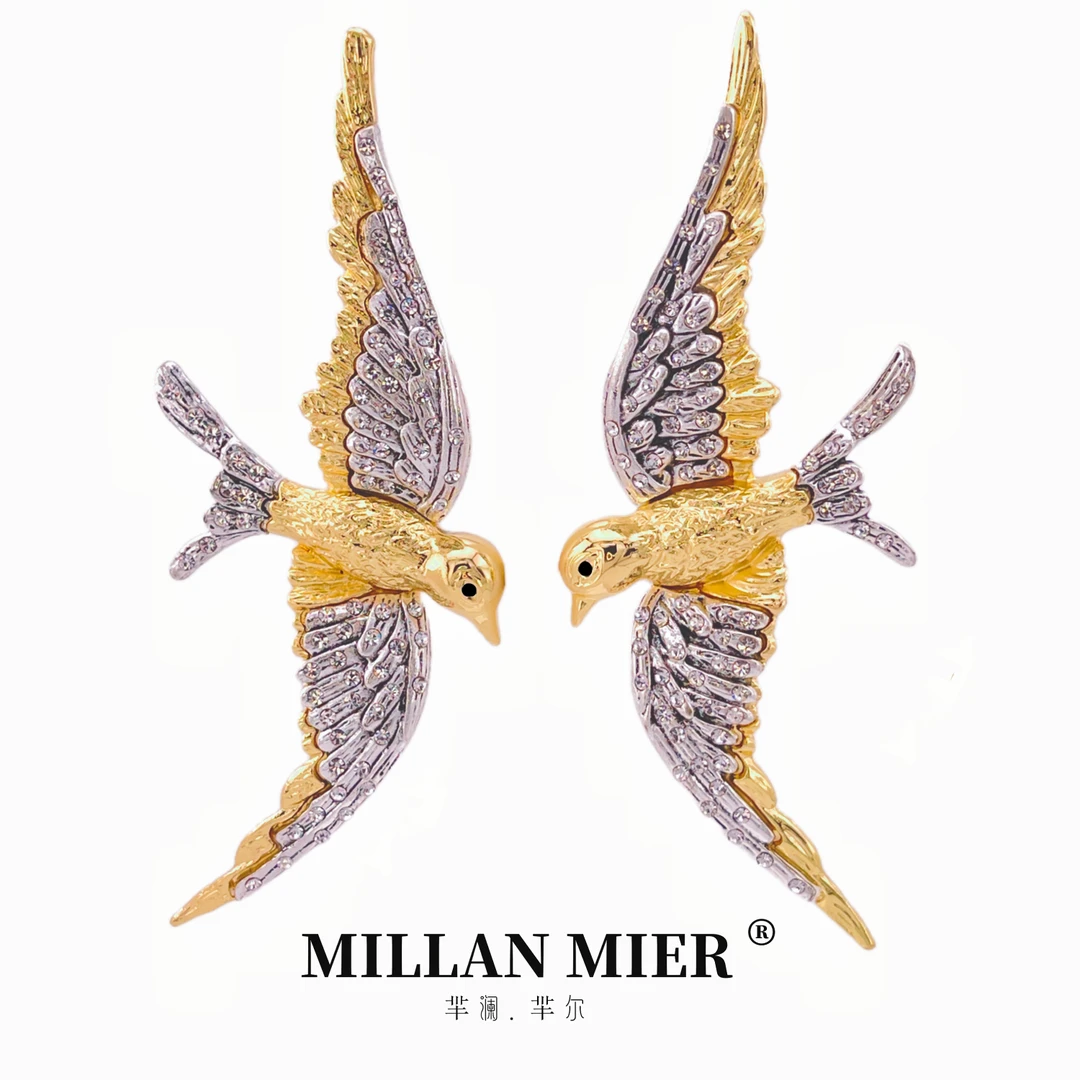 铜合金玻璃耳饰 创意设计时尚气质手工镶嵌夸张重工款海燕耳环