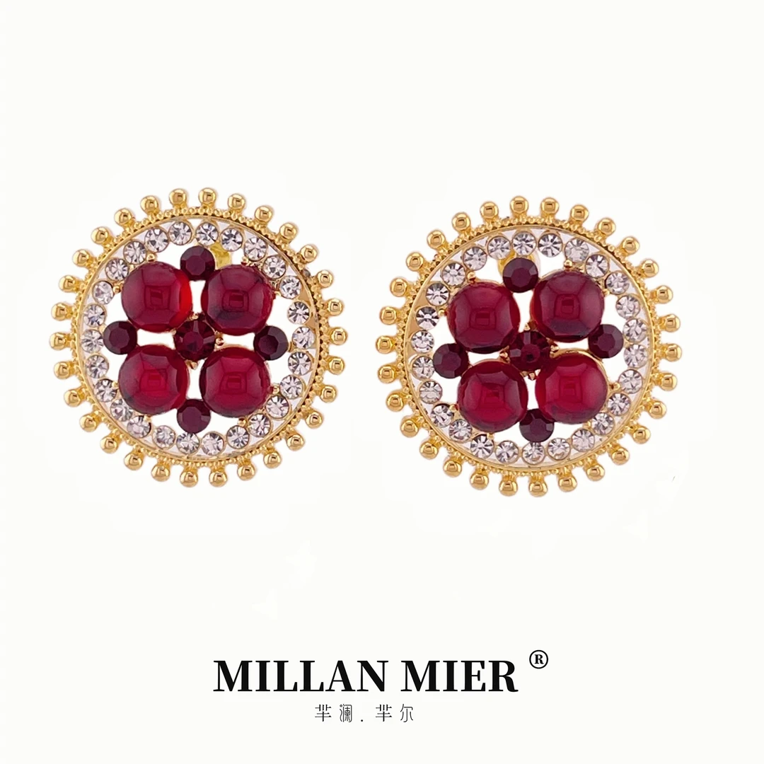 铜合金树脂耳饰 原创设计法式复古手工镶嵌金色圆形耳钉