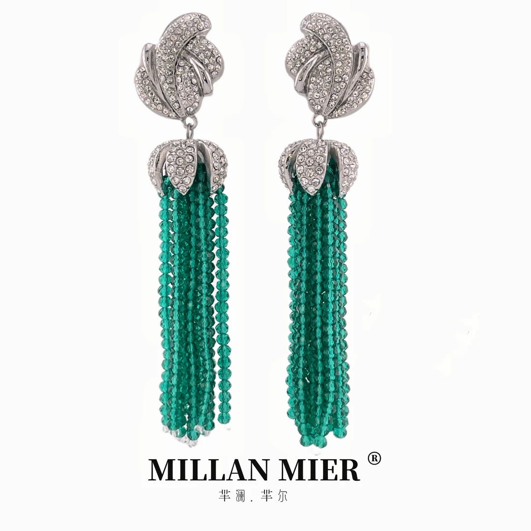 合金玻璃耳饰 绿色长款重工气质轻奢优雅镶嵌流苏耳环