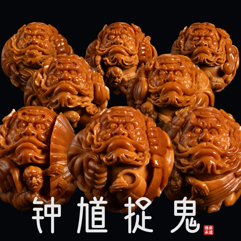 舟山核雕精品红水晶核正圆钟馗捉鬼手串手链苏工纯手工精雕刻文玩
