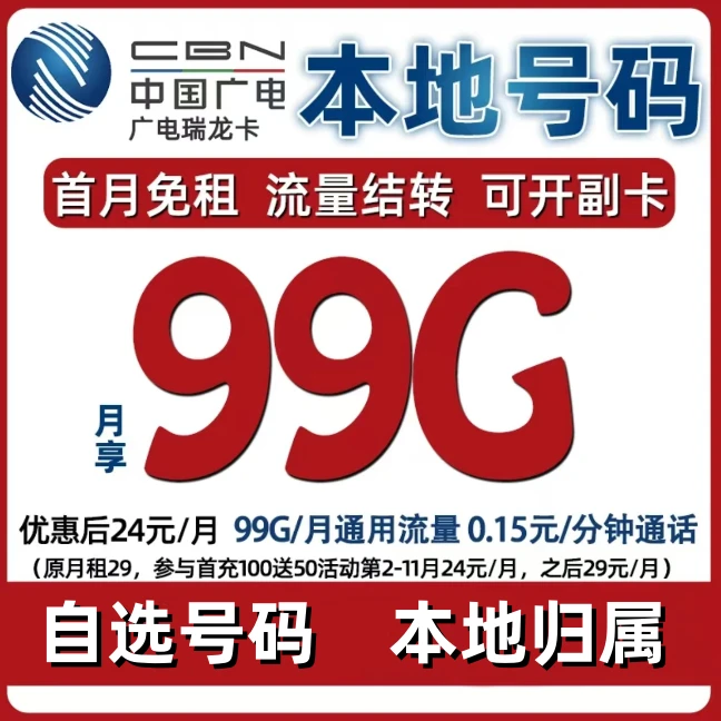 广电瑞龙卡99G本地归属地卡手机卡超大流量电话卡5G套餐1