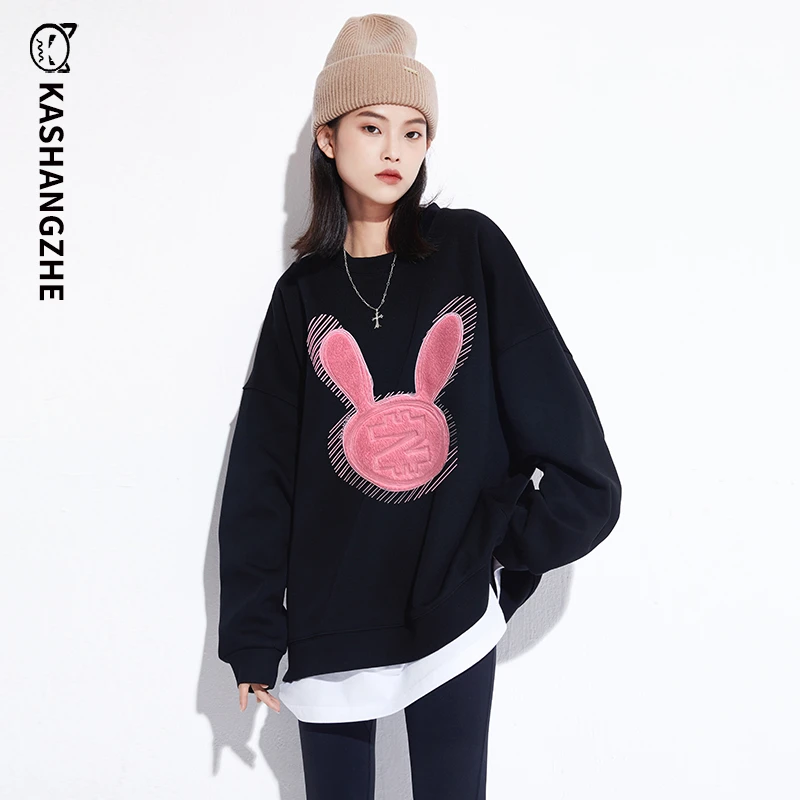 卡尚哲2023春秋新款宽松圆领卫衣女bf慵懒兔头刺绣设计感小众上衣