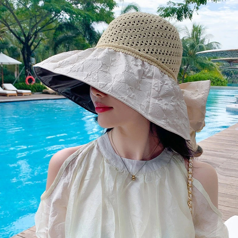 夏季韩版潮帽子女沙滩遮阳帽空顶太阳帽防晒防紫外线蝴蝶结渔夫帽