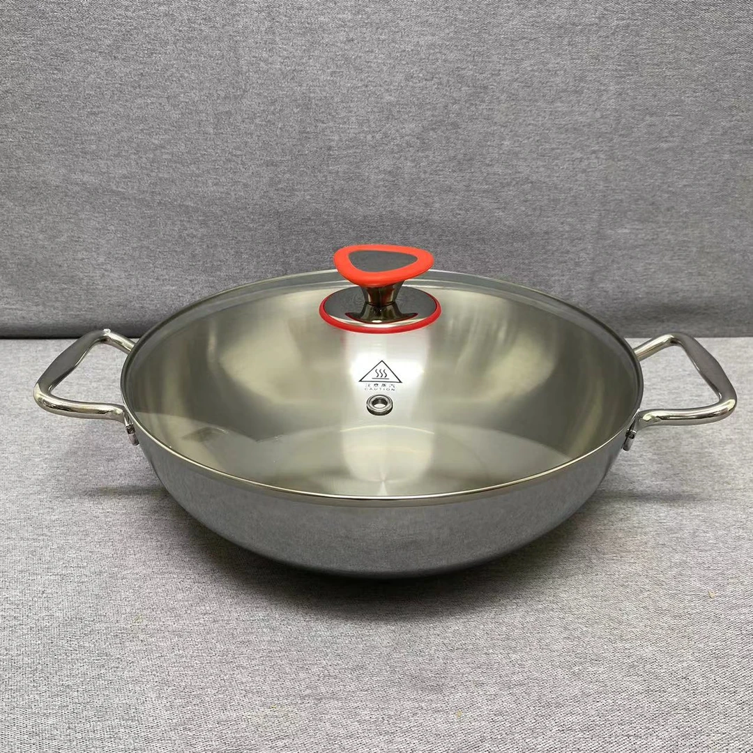 6-020 不锈钢双耳汤锅炒锅 30*9.5CM 带盖重约2.3KG