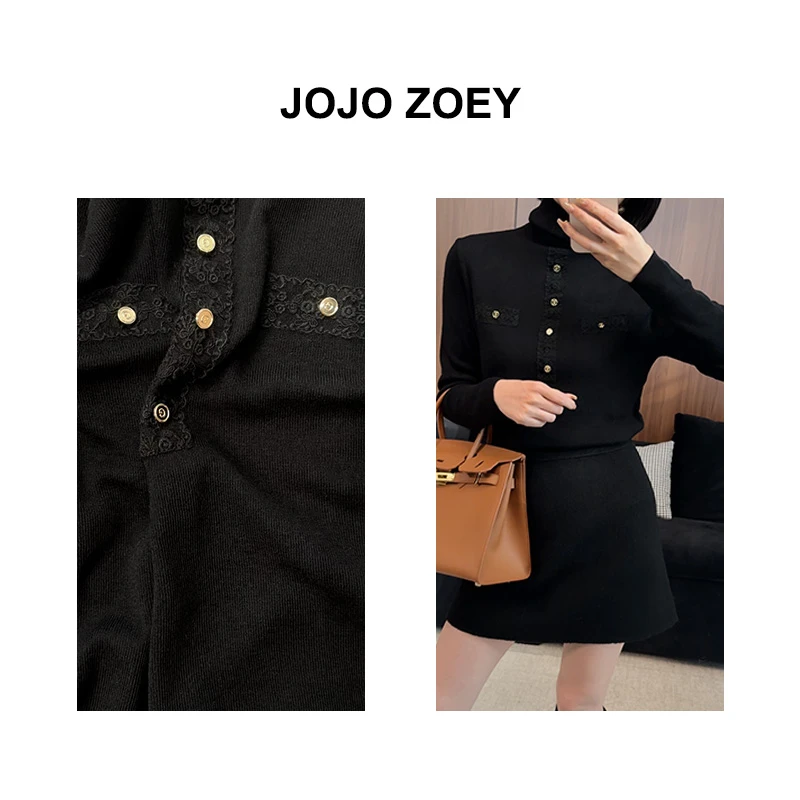 JOJO ZOEY【清仓NO退换】绵羊毛蕾丝拼接金扣打底女zz-2977
