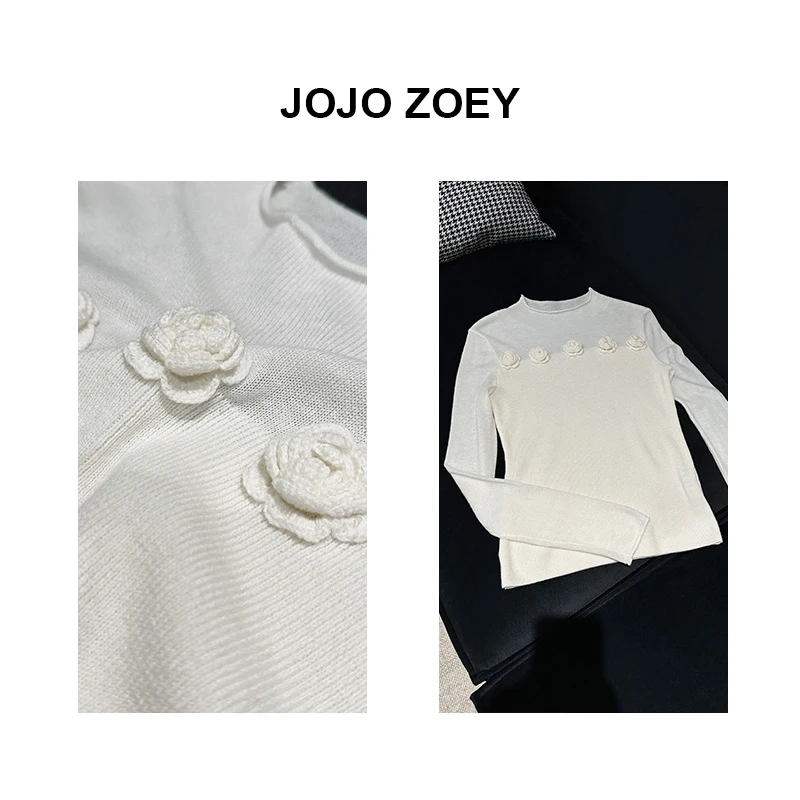 JOJO ZOEY【清仓NO退换】性感白玫瑰秀蕾丝修身长袖针织衫zz-2801