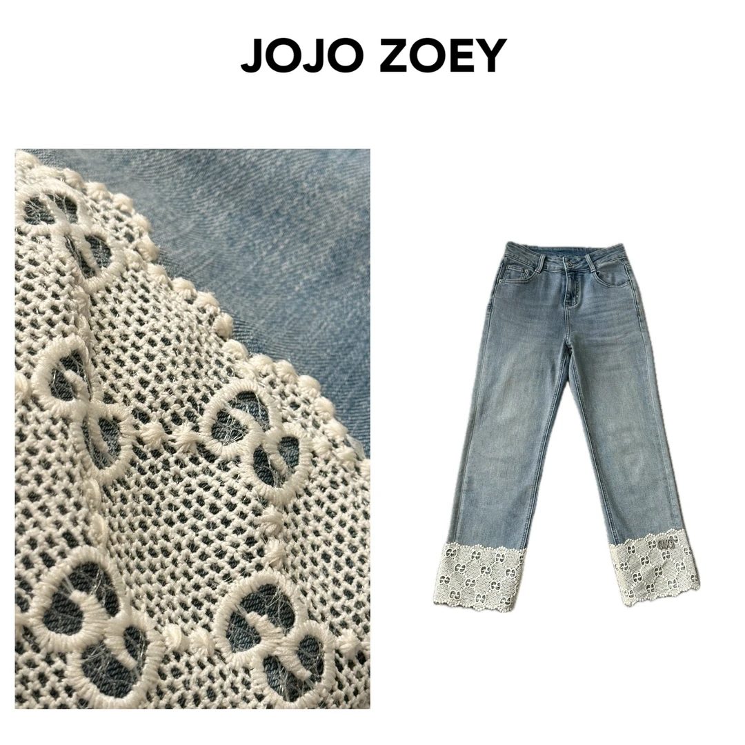 JOJO ZOEYG家镂空蕾丝牛仔烟管裤时尚百搭显瘦直腿九分裤kz-2056