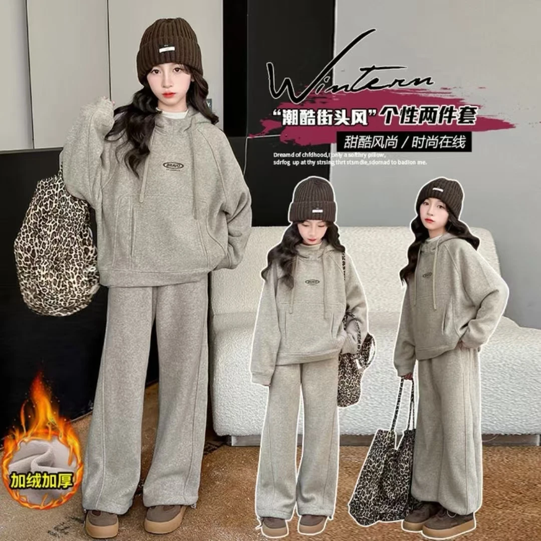 女大童秋冬新款加绒加厚保暖洋气休闲韩版百搭中大童女童连帽卫衣