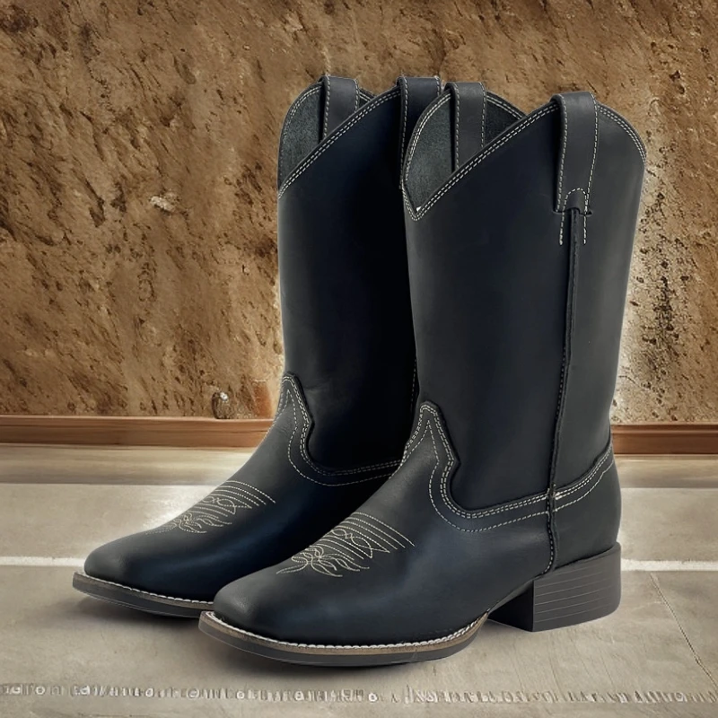 黑色单靴牛皮骑士靴西部牛仔靴马靴机车女靴中筒时装