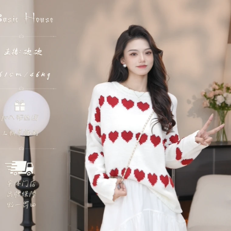 Basic House/百家好SDB24时尚蕾丝圆领秋冬爱心针织衫女气质服装