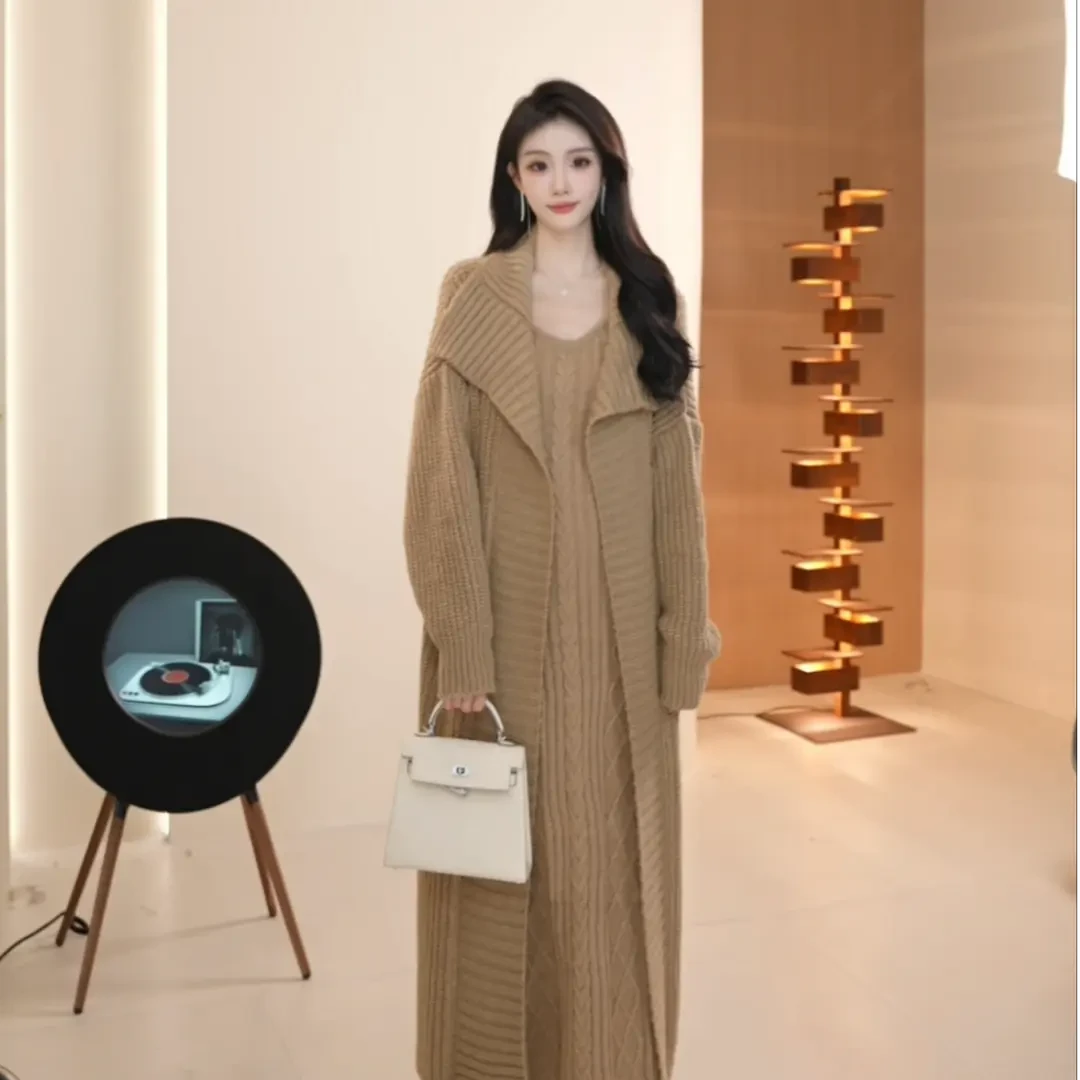 Basic House/百家好SDB法式气质吊带连衣裙针织毛衣外套两件套