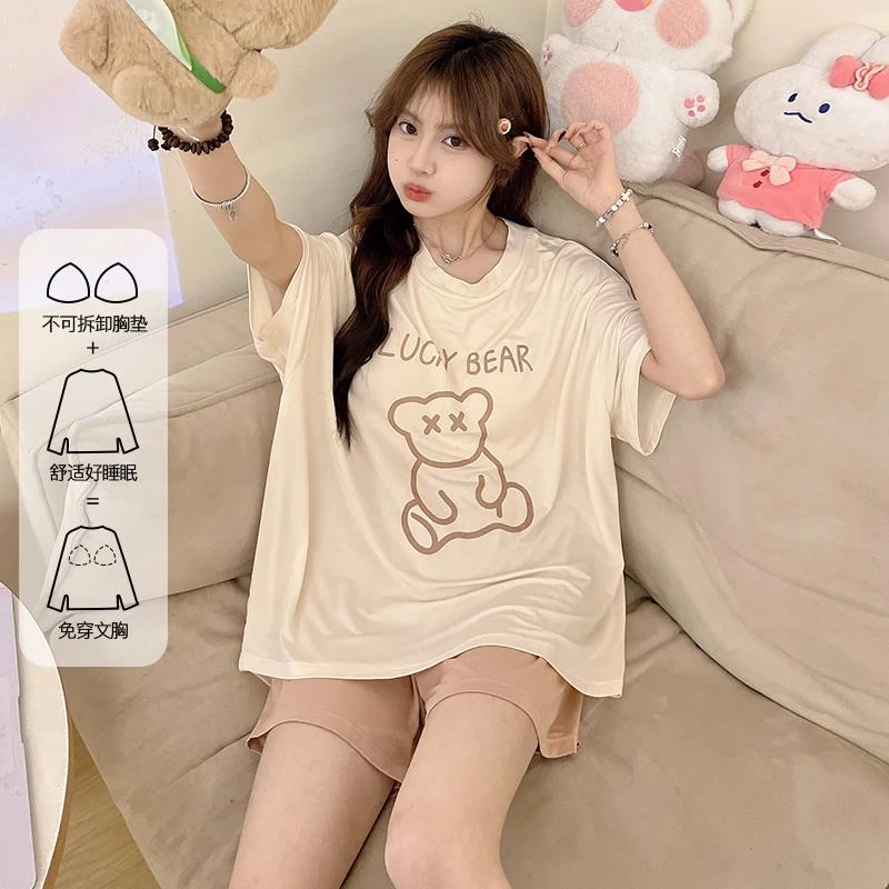 2025新款睡衣夏季带胸垫莫代尔短袖青少年大童女孩初中学生家居服