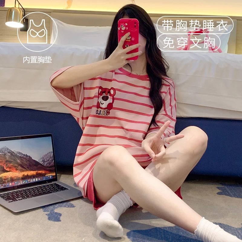13-15-17岁带胸垫大童女孩中学生睡衣夏季短袖短裤薄款纯棉家居服