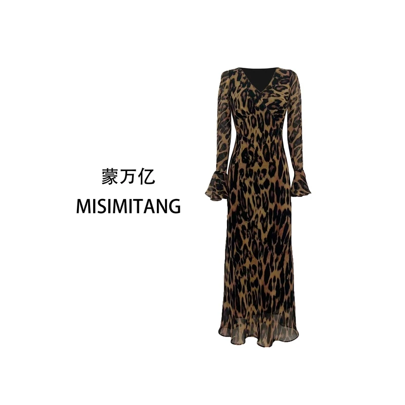 【怦然心动长款】秋上新咖色豹纹轻奢显瘦女装连衣裙斜裁气质秋冬