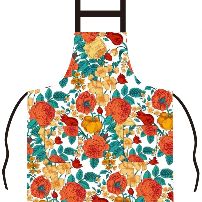 新款防泼水花卉围裙厨房家用中式做饭防油围腰工作服女印花加大