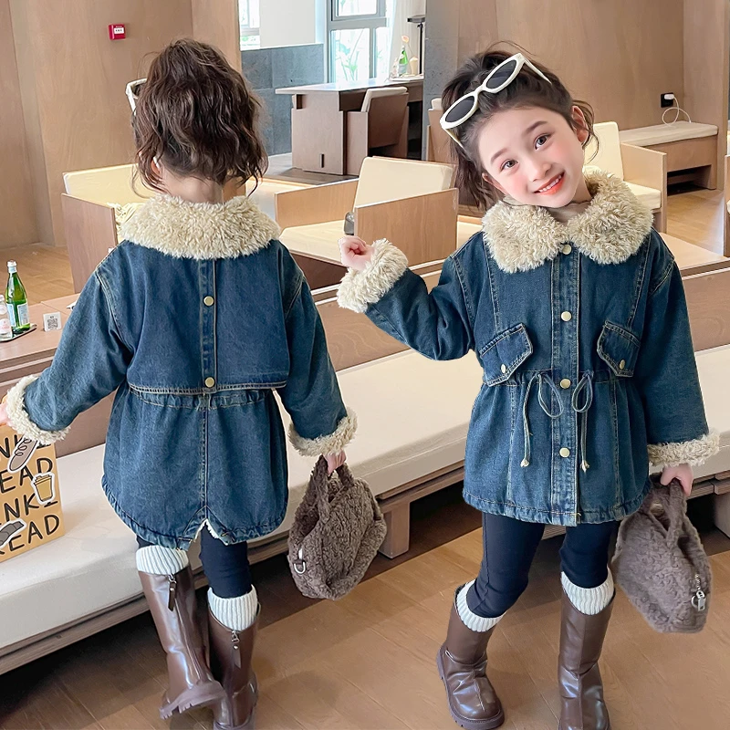女童加绒牛仔外套秋冬装洋气儿童加厚牛仔上衣小女孩宝宝2024新款