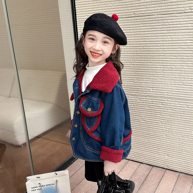 女童加绒牛仔外套洋气女童加厚牛仔上衣小女孩宝宝秋冬装2024新款