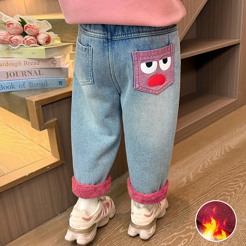一条过冬女童加绒牛仔裤子儿童加厚一体绒老爹裤女孩宝宝冬装新款
