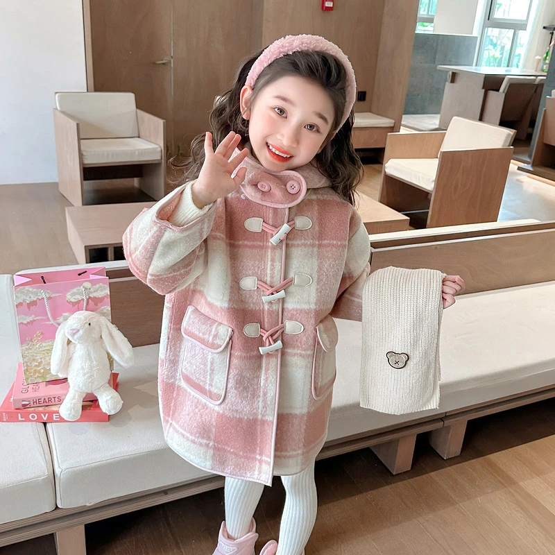 女童加绒外套中长款洋气儿童加厚格子呢大衣小女孩宝宝秋冬装新款