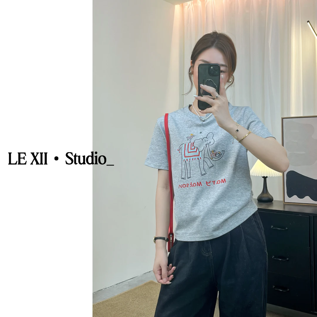 LEX-【刺绣小象】双纱纯棉夏季时尚圆领正肩T恤女