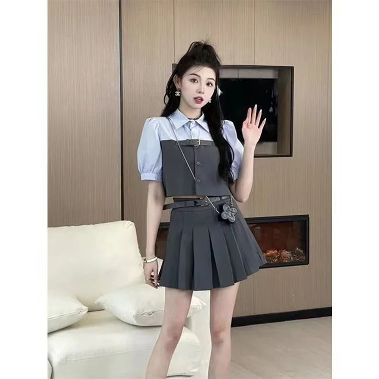 休闲西装套装女夏季2025新款学院风拼接衬衫百褶短裙两件套小个子