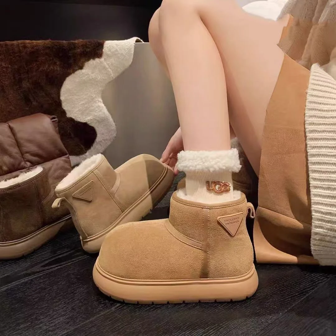 小黄豚～大头雪地靴女冬季新款牛皮厚底加绒保暖短靴