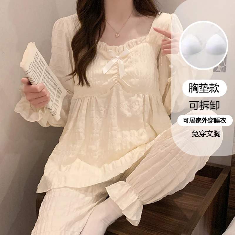 长袖睡衣女款春秋季薄款带胸垫公主风甜美女士家居服套装9311