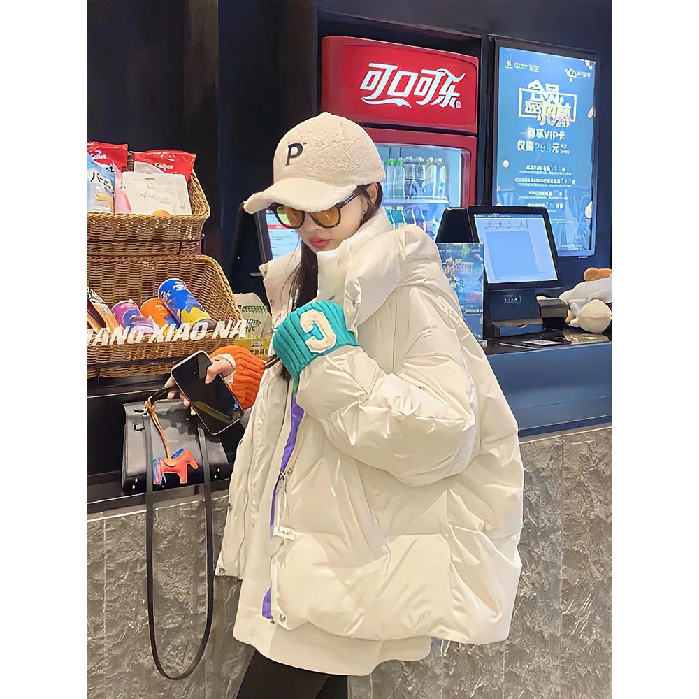 新款2023羽绒服字母针织袖口面包羽绒服女冬时尚小个子袄宽松加厚