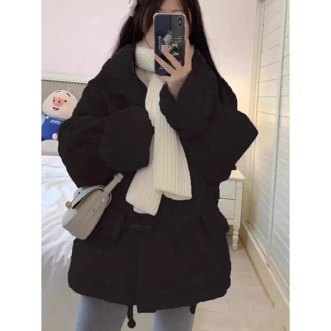 迹逅2023新款羽服女韩版宽松牛角扣面包服秋冬季厚外套女短小个子