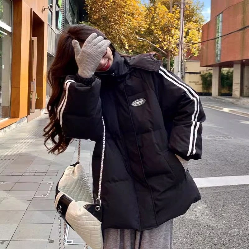 快乐黑色羽绒服女冬季2023新款韩系宽松学院风情侣百搭连帽加厚
