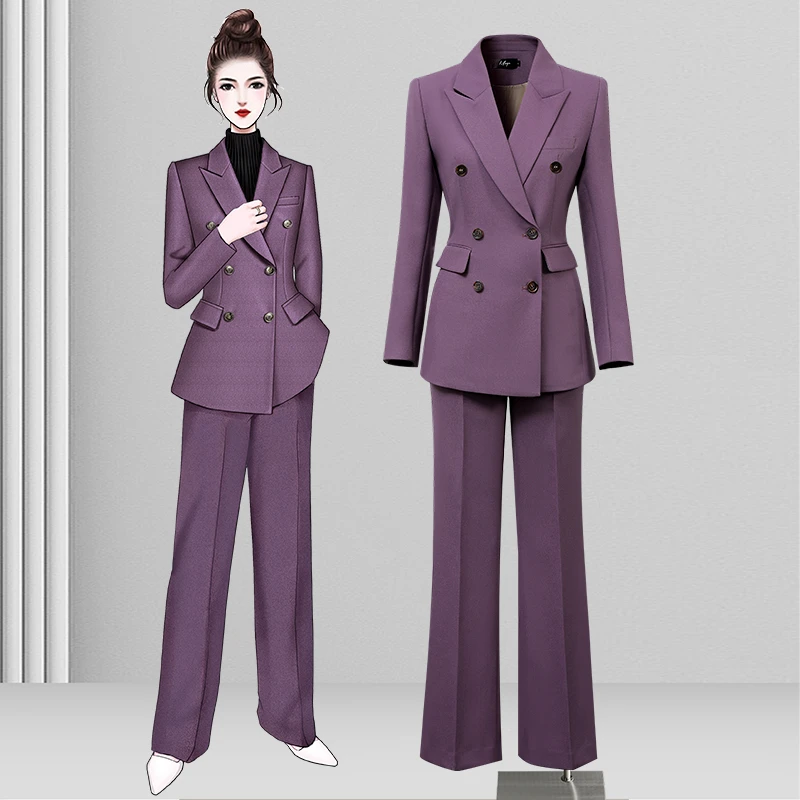 西装套装阔腿裤女商务双排扣职业气质紫色西服正装正装女套装职场