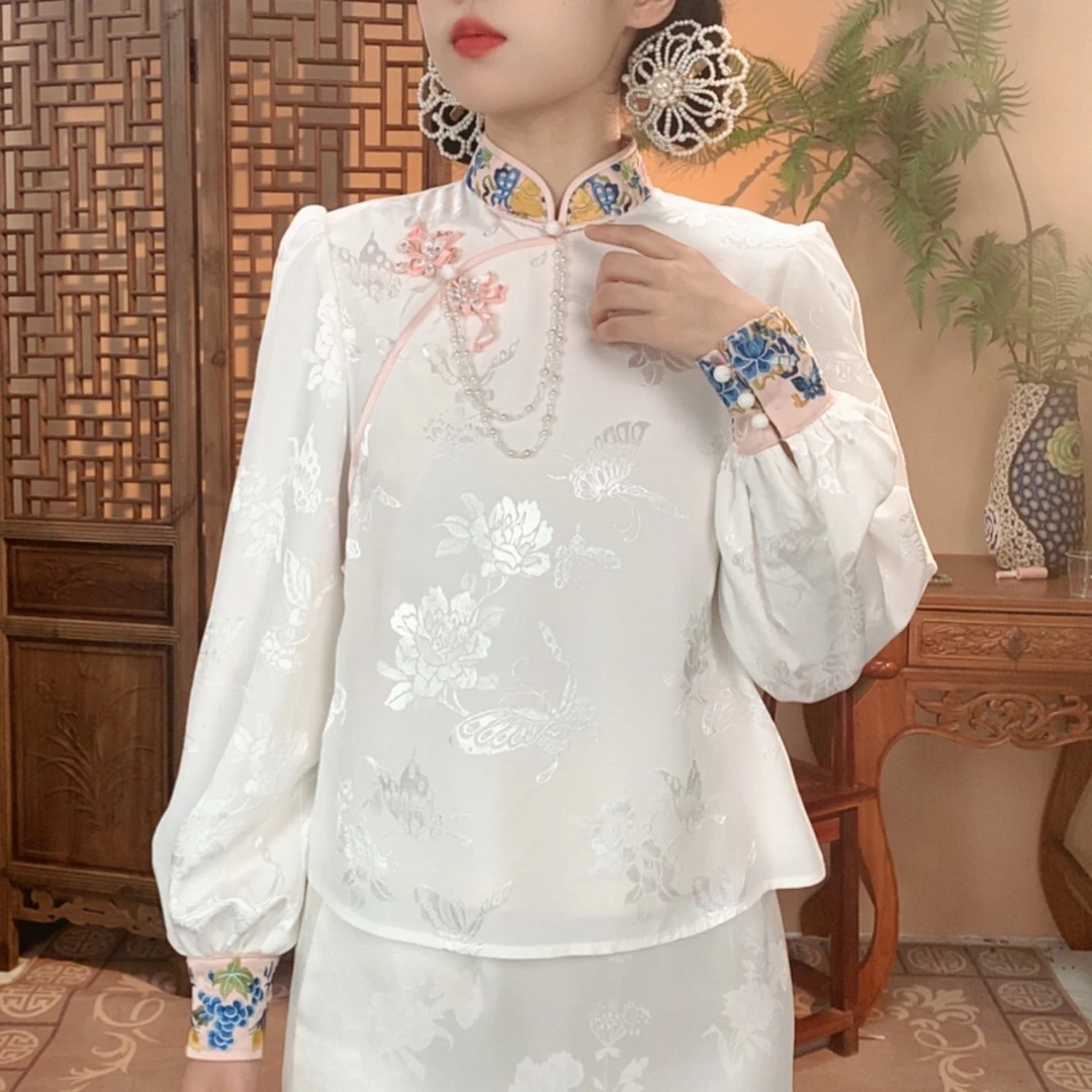 [含芷1]  新中式国风小立领泡泡袖提花上衣刺绣衬衫外套