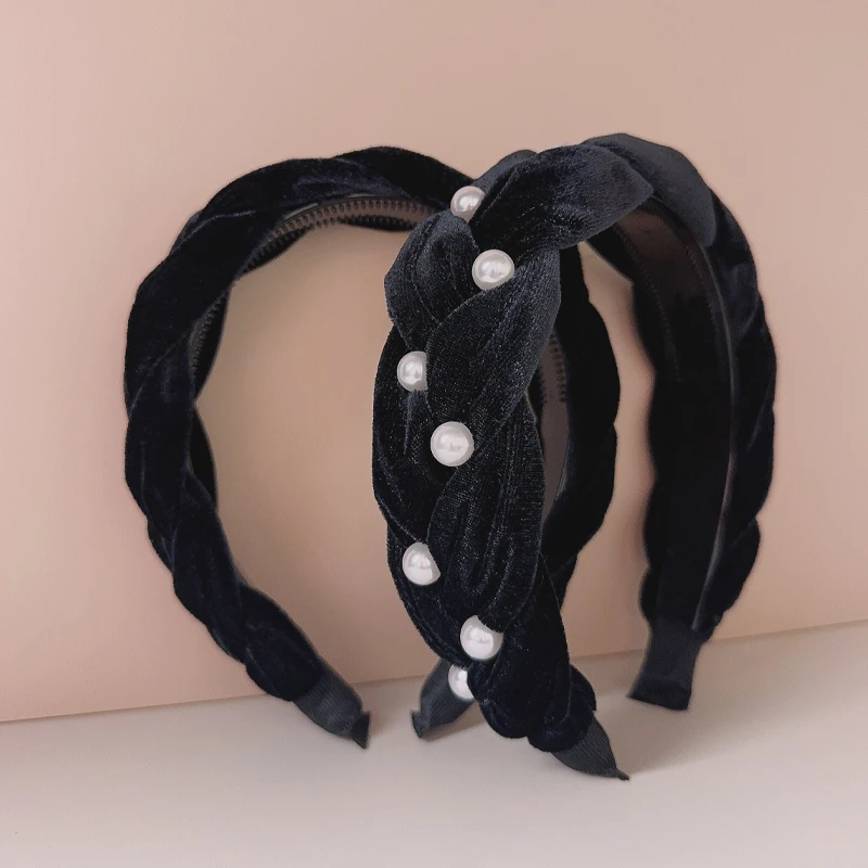 布艺发饰 高颅顶发箍黑色珍珠丝绒发卡麻花辫子